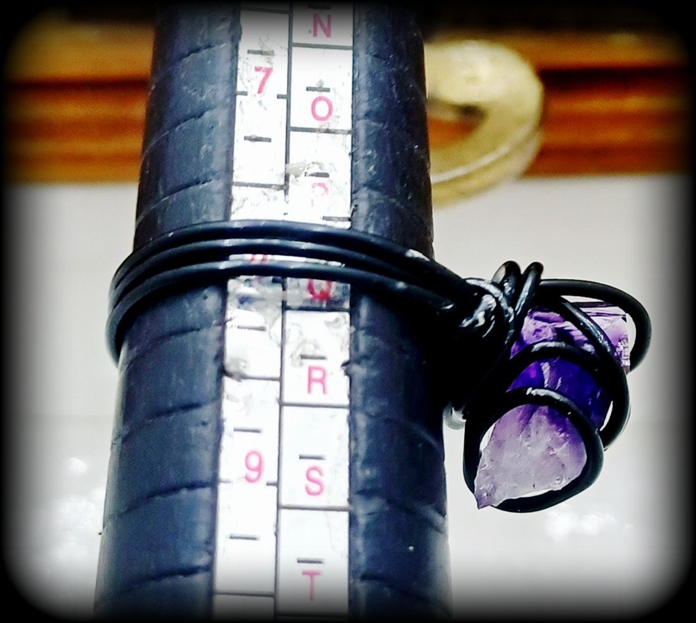 Handcrafted Wire Wrapped Raw Amethyst Ring, Size 8, Black Colored Wire