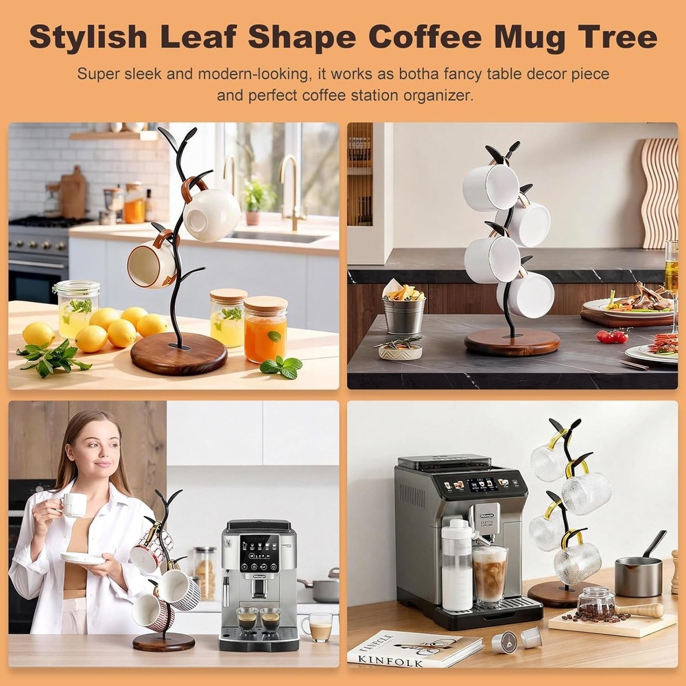 Mug Tree Holder Bronze Metal Leaf Branch & Solid Wood Base Mug Holders