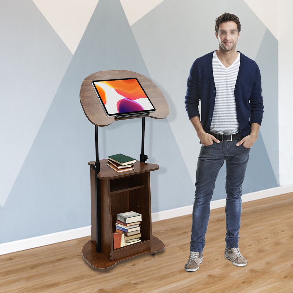 Height Adjustable Mobile Presentation Stand with Storage and Wheels