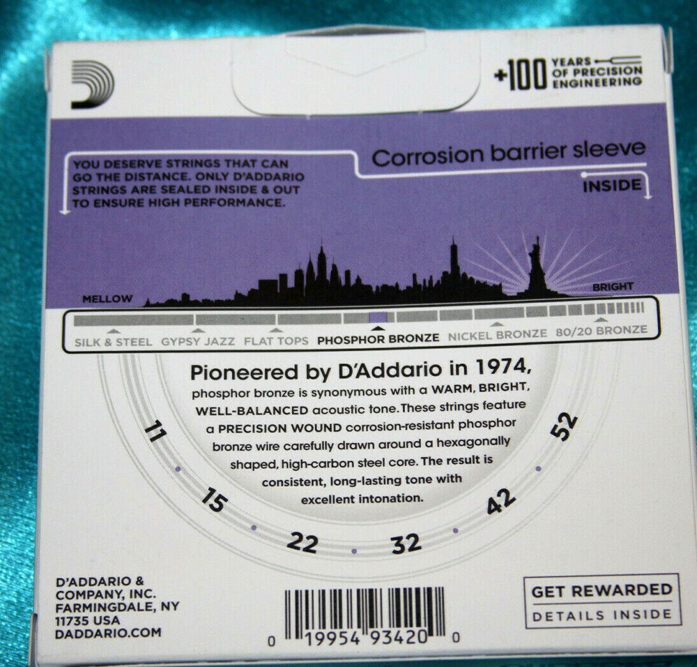 D'Addario EJ26-3D, 3-Pack Custom Light Gauge Phosphor Bronze Strings, .011-.052