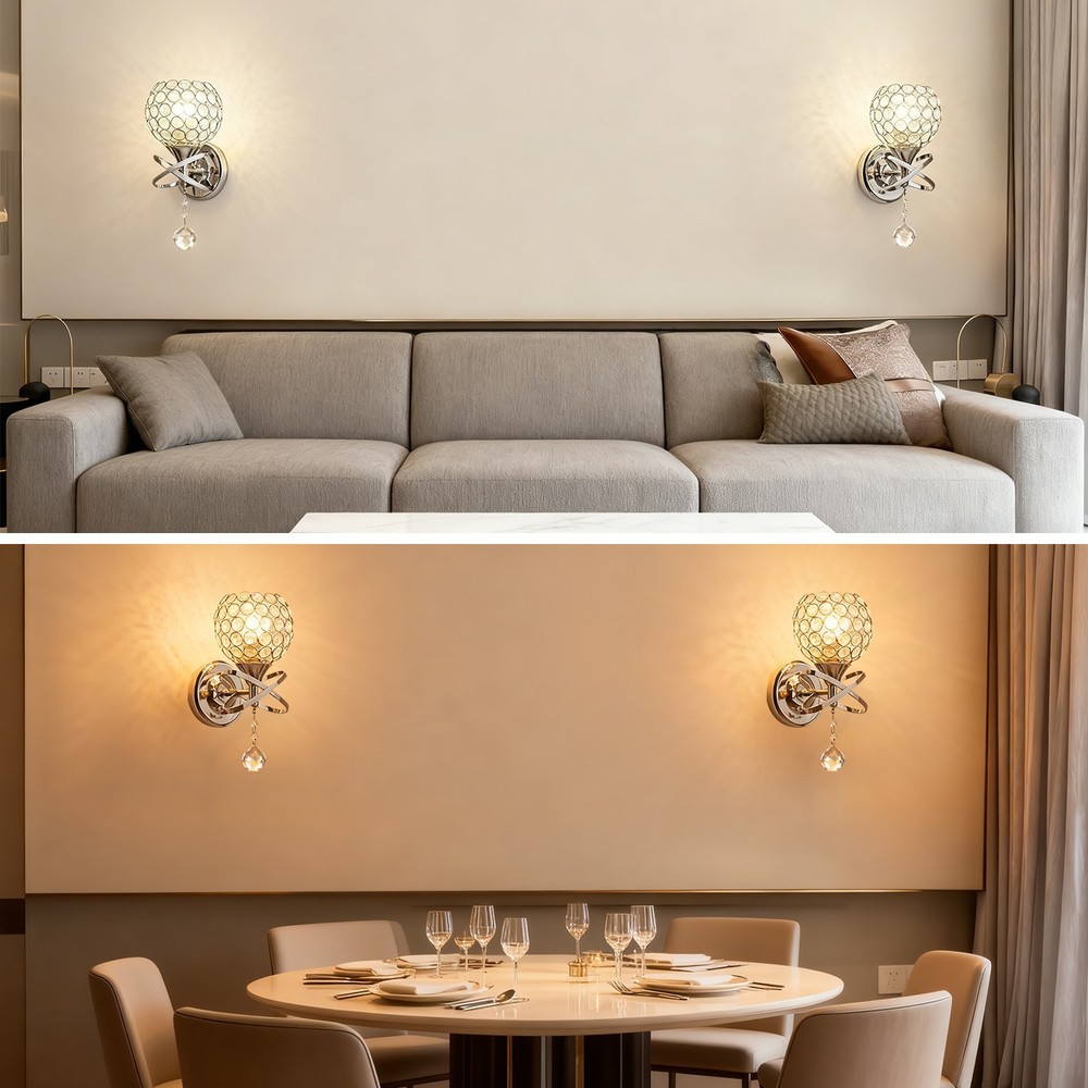 4-Pack Silver Crystal Wall Sconces – E26 Hardwired Modern Wall Lights
