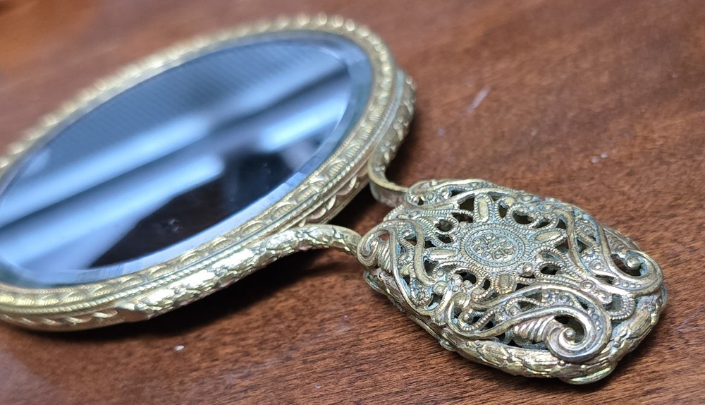 5½" Antique Miniature Two Sided Hand Mirror Brass 3¼" Wide