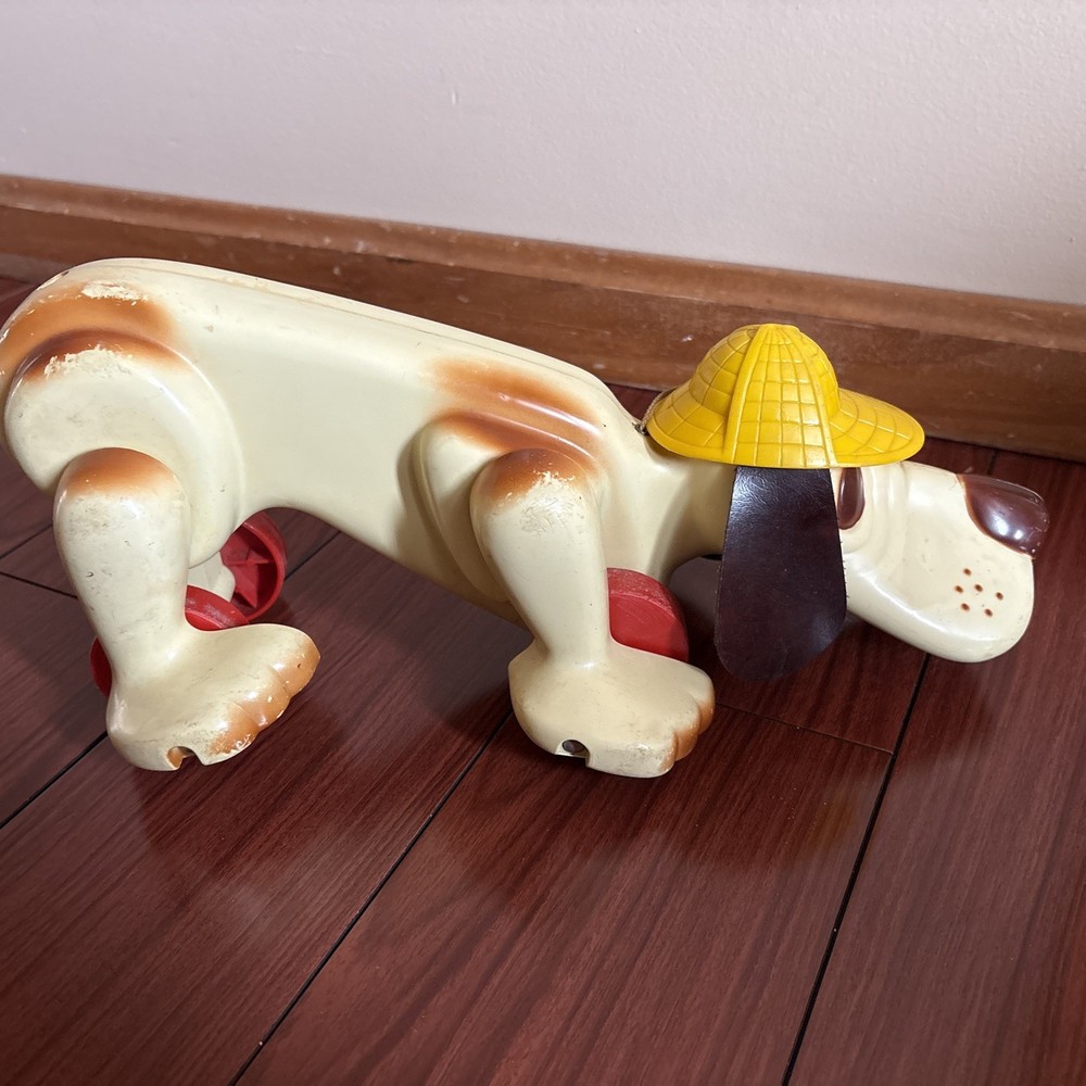 Vintage Digger the Dog Pull Toy, Plastic Hound with Yellow Hat