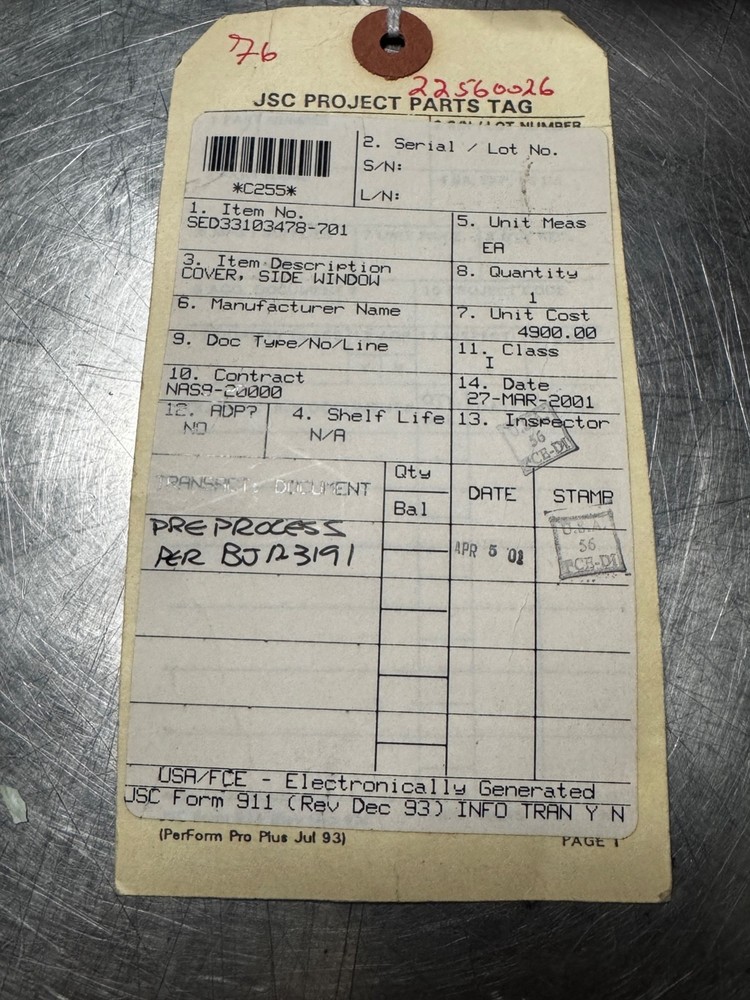 NASA Space Shuttle Side Window Cover