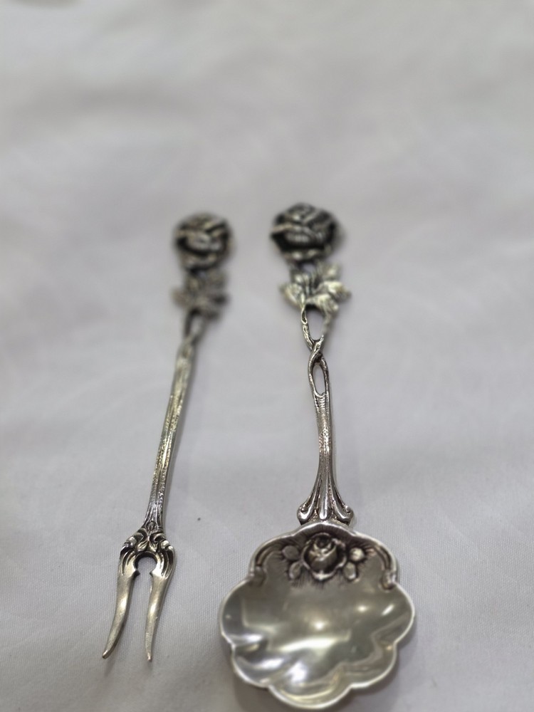 .800 Silver Alloy Rose Pattern Fork and Spoon Set, Antique Flatware Pair