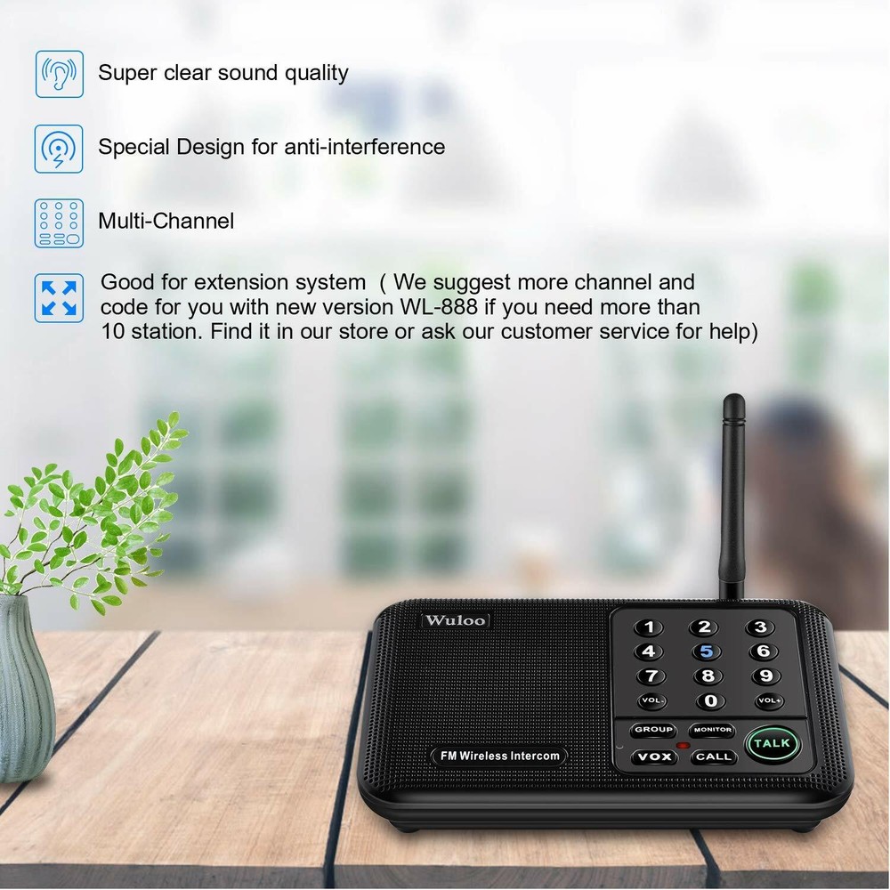 Wuloo 10Channel Wireless Intercom System for Home Office Room & Room Communicate