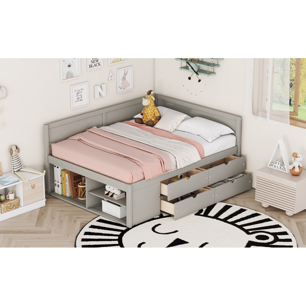Full Size Daybed w/ Drawers & Shelves, Solid Wood Frame, Gray