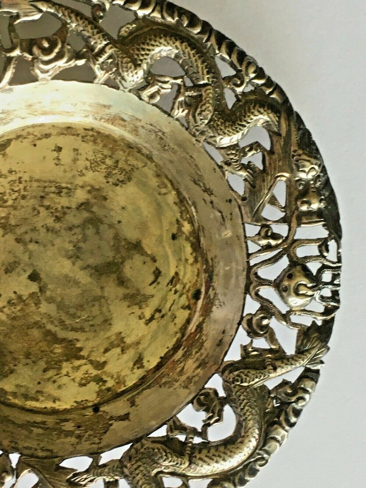 👍 1900s CHINA CHINESE SOLID SILVER DRAGON DISHES PLATES WITH HALLMARK 纯银