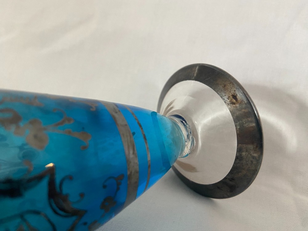 Vintage Blue Glass Vase with Applied Silver