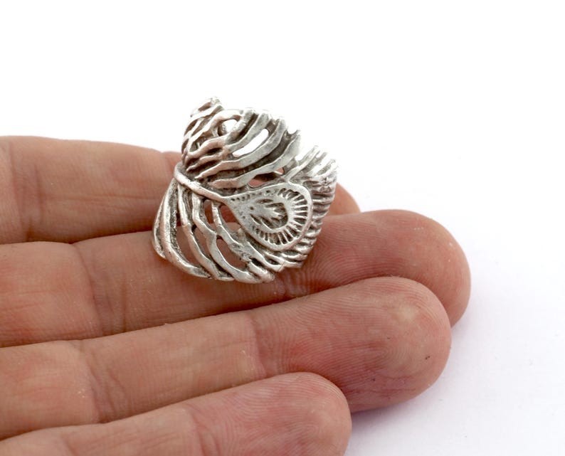 Peacock Feather Adjustable Ring Raw Brass (16.5mm 6US inner size) 793