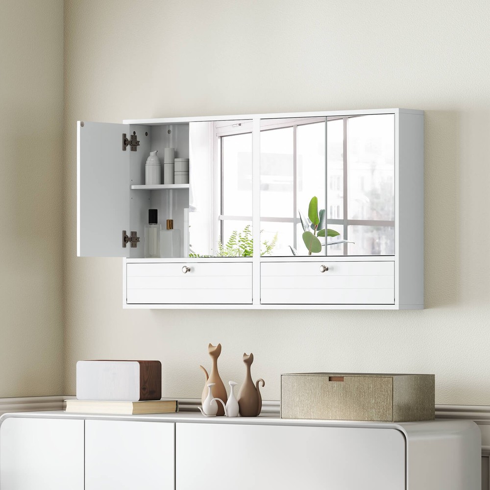 Wall Mounted Cabinet Bathroom W/Clear Mirror& Large Storage Space Shelf White