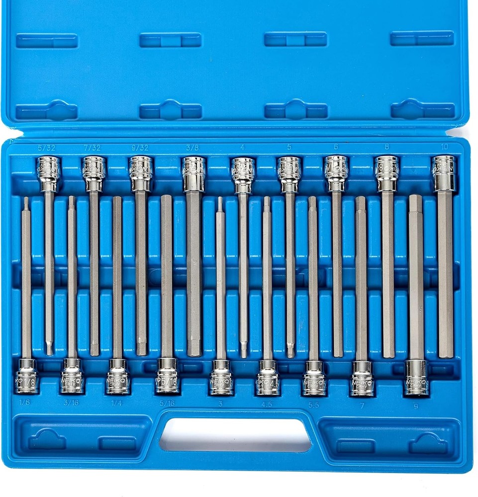 NEIKO 10079A Extra Long Allen Hex Bit Socket Set, 18 Piece SAE