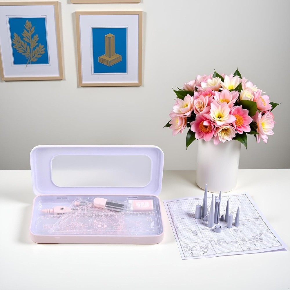 7 Pcs Pink Compass & Protractor Set with Case – Geometry Drafting Tools Kit