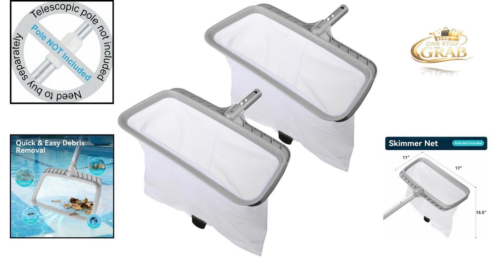 2 Pack Pool Skimmer Nets Heavy Duty Leaf Rake Fine Mesh Grey Frames