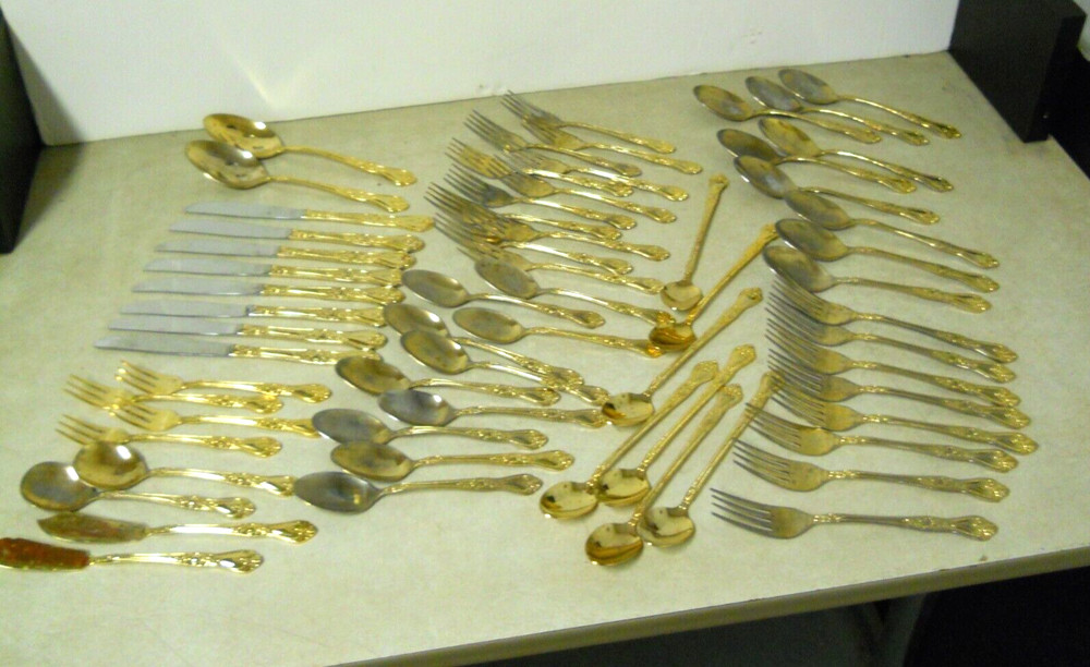 International EP Gold Precious Rose Pattern Flatware Set Replacements 63 PC