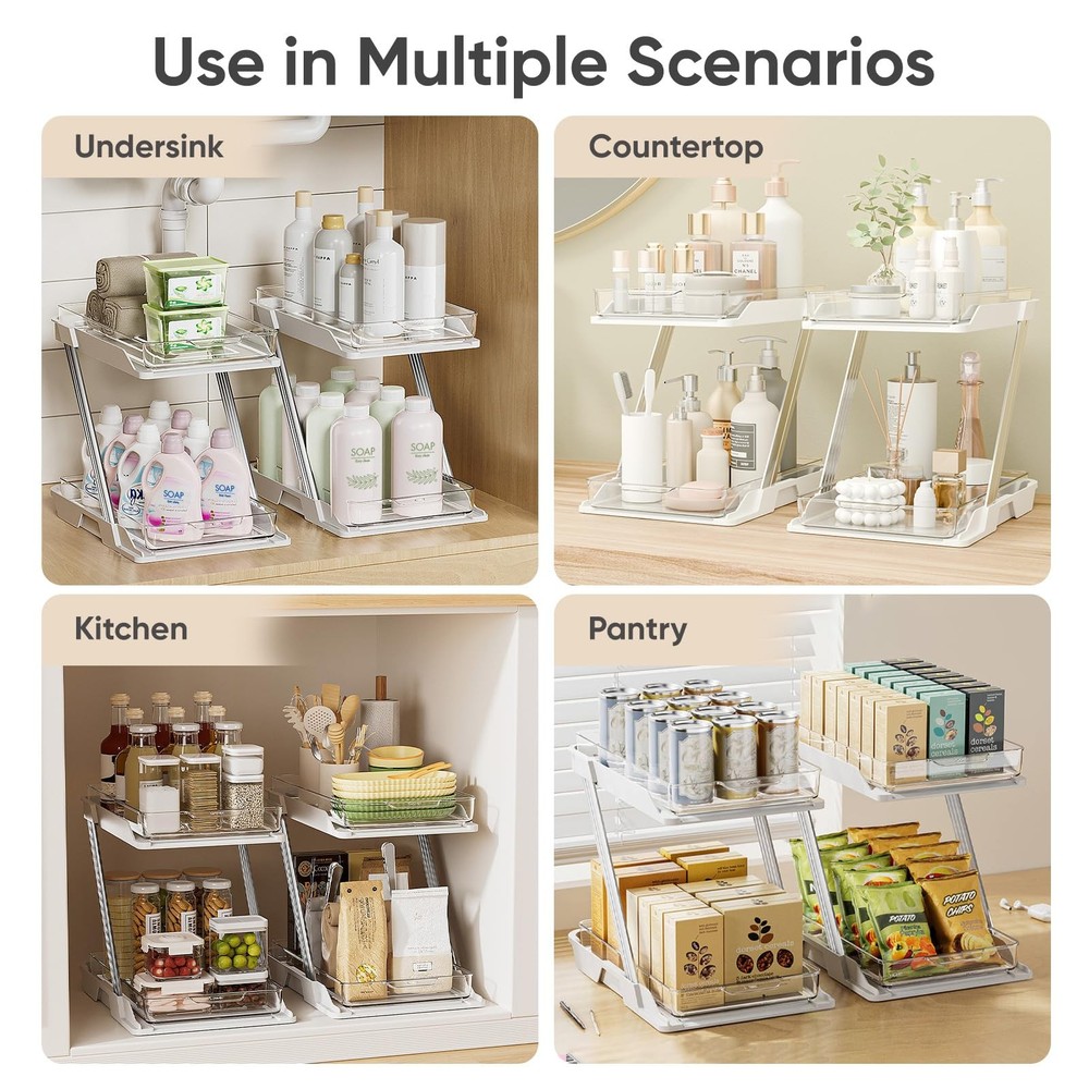 2 Pack Bathroom Organizers and Storage - Multi-Purpose,2-Tier Clear Pull Out ...