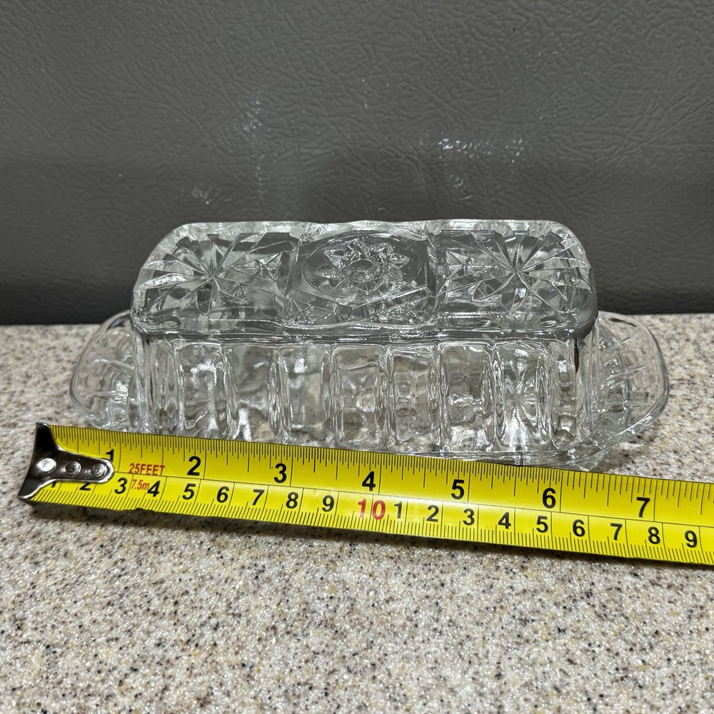 Vtg Anchor Hocking EAP Butter Dish Pressed Cut Clear Glass Star Pattern EUC