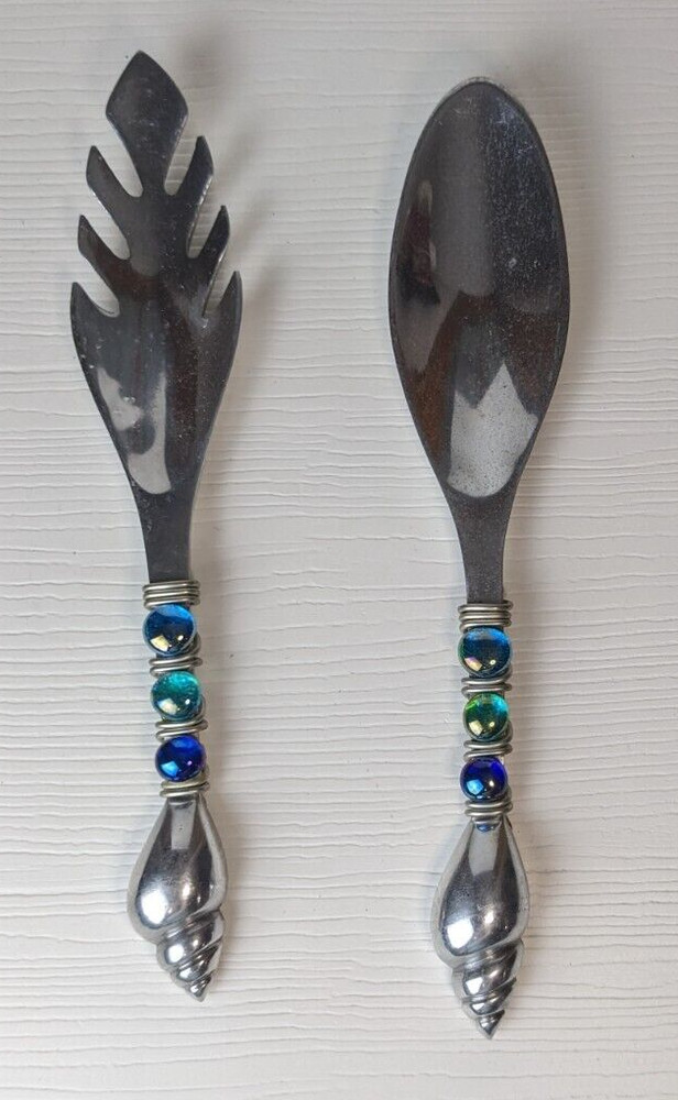 Beaded Salad silver tone Serving spoons