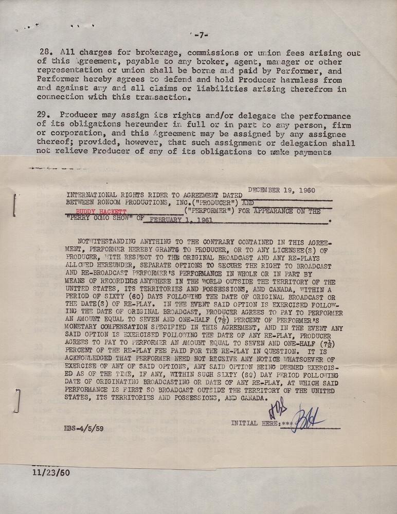 BUDDY HACKETT - ANNOTATED CONTRACT MULTI-SIGNED 12/19/1960