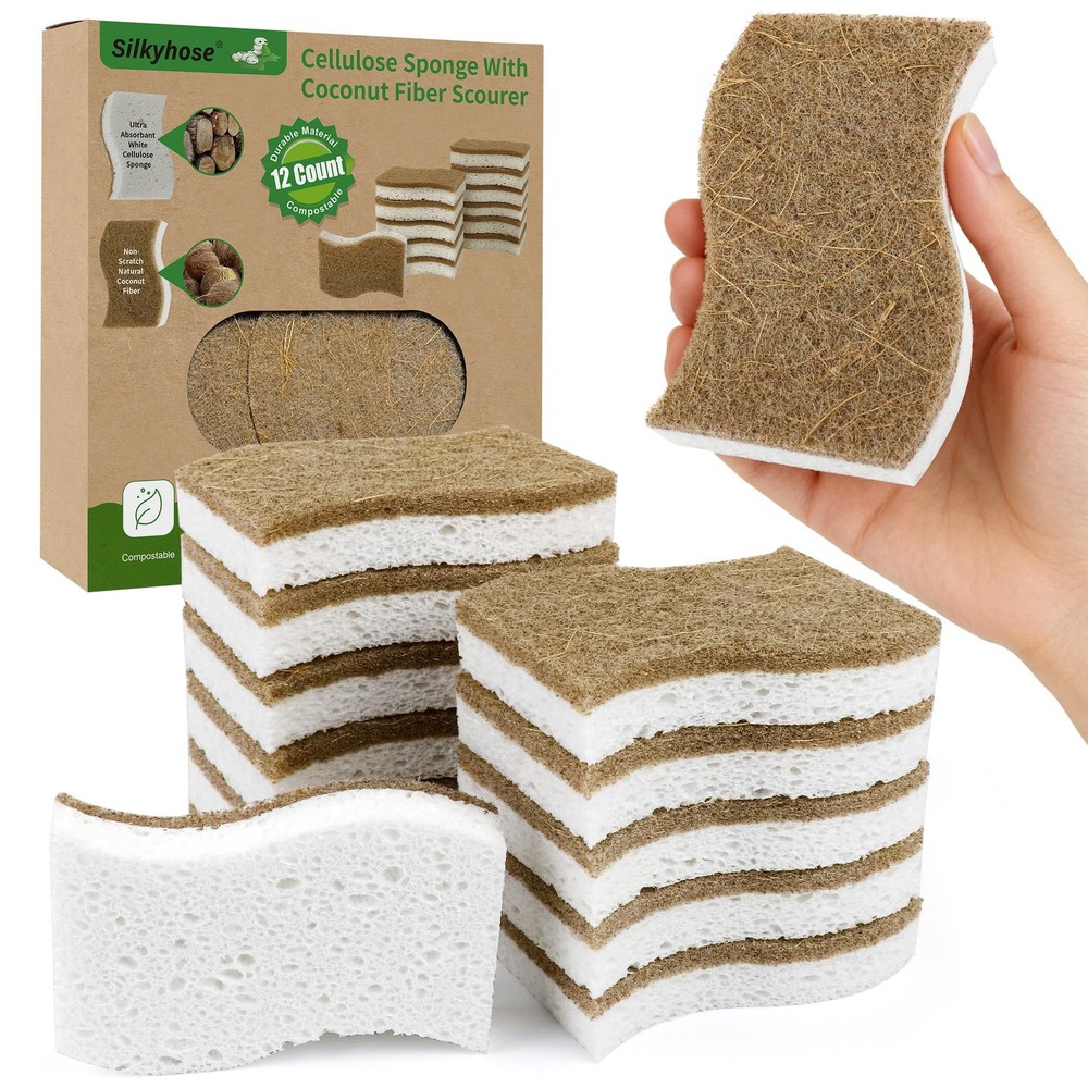 12 Pack Natural Kitchen Sponges, Biodegradable & Compostable | Non-Scratch Ce...