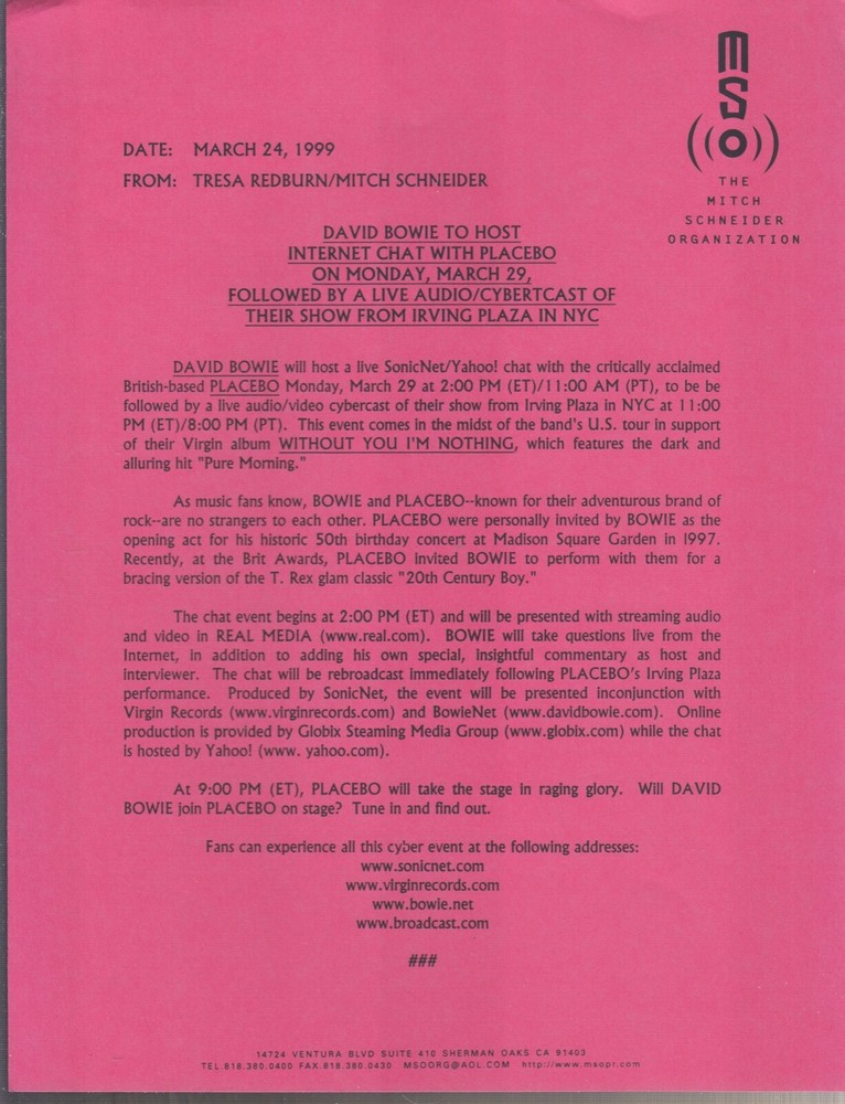 press release for David Bowie having a chat with placebo 1999