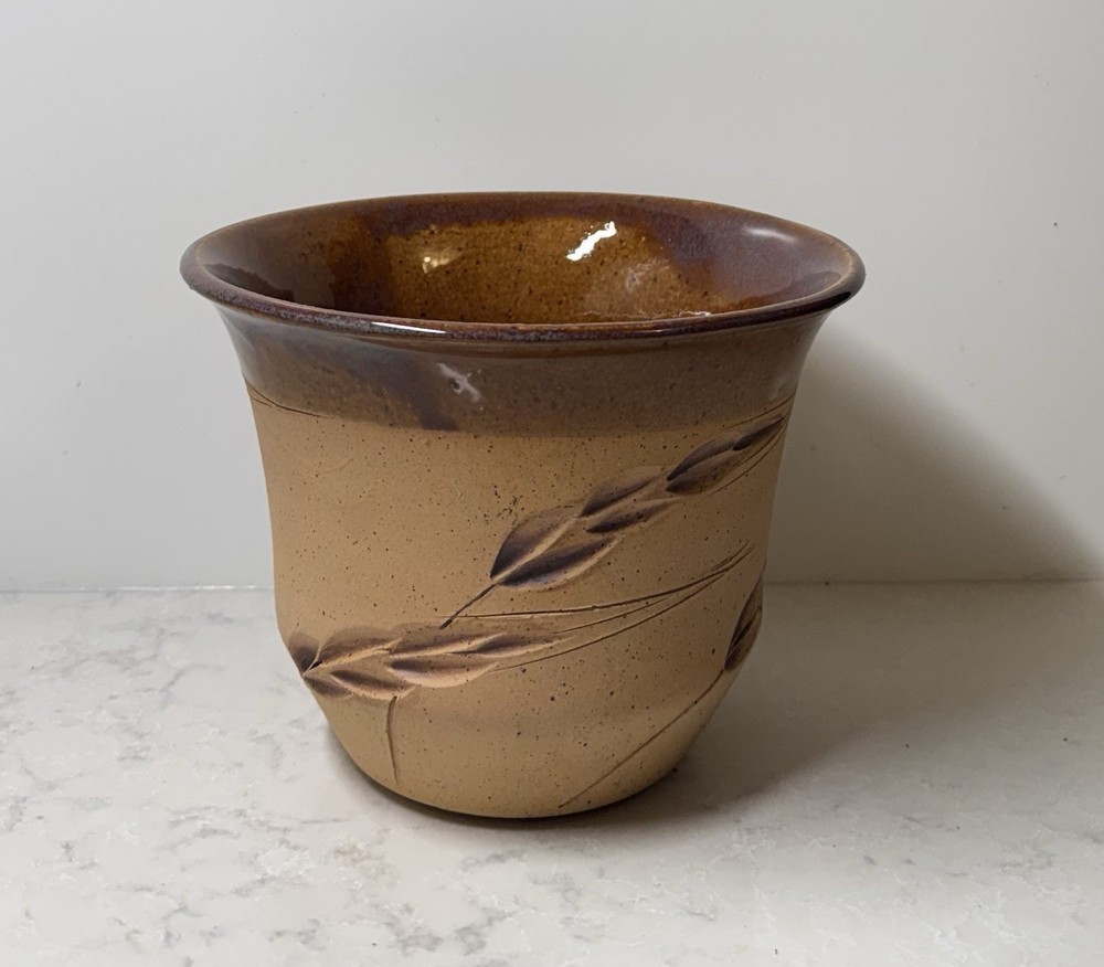 Handmade Pottery Beige Ceramic Planter Wheat Design Signed