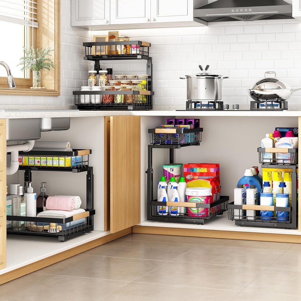 Under Sink Organizer Adjustable Height 2 Tier Pull Out Under Cabinet Organizer