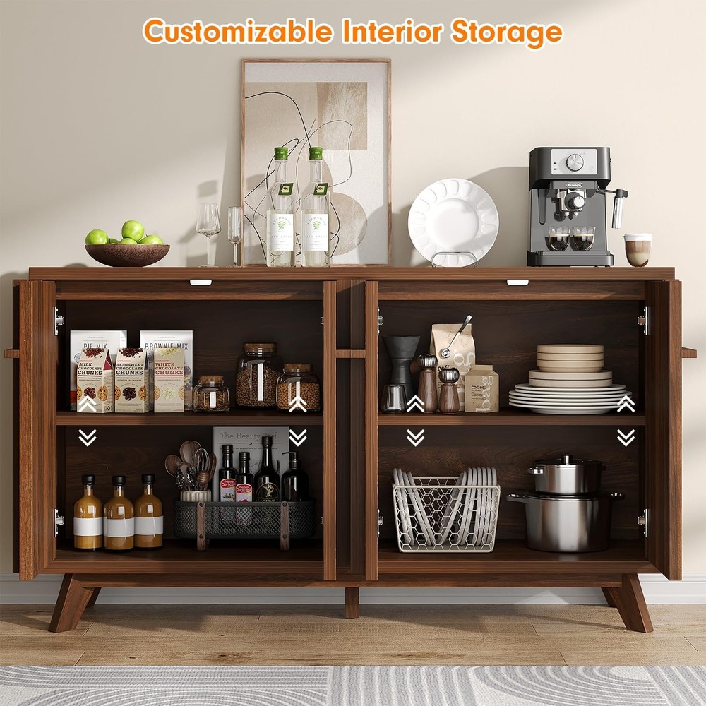 59" Walnut Sideboard Buffet Cabinet 4 Doors