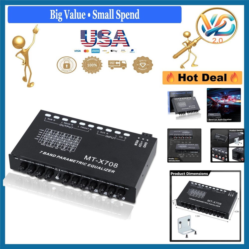 7-Band Car Audio Equalizer with Subwoofer Outputs, Adjustable Dials, Compact ...