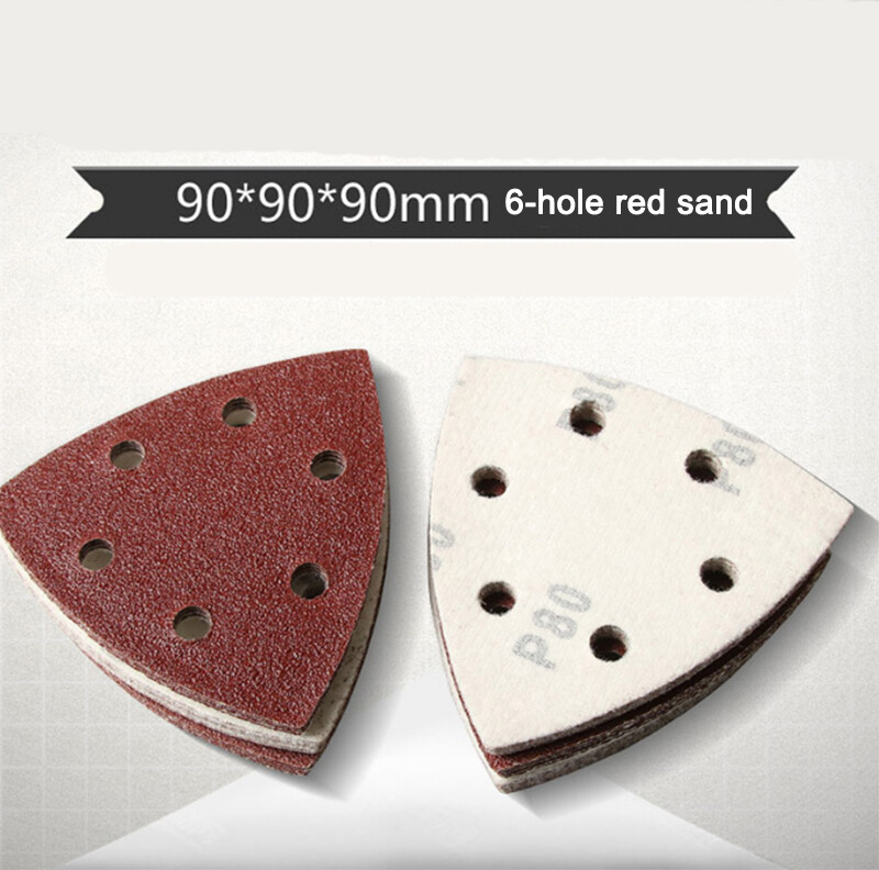 6 Hole Triangular Sanding Pads Hook & Loop 90x90x90mm Red Sand Paper Grit 40-400
