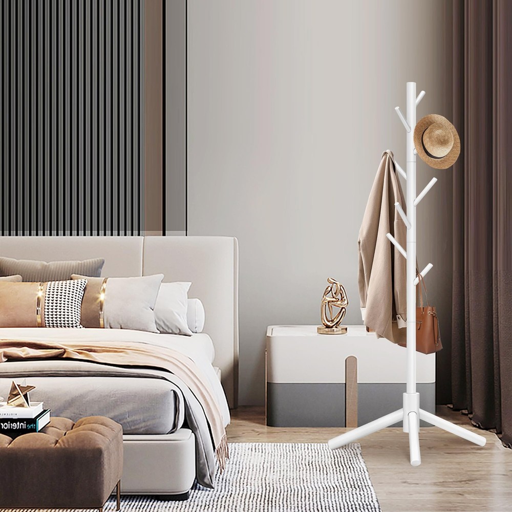 Durable Wooden Coat Rack Freestanding with Stable Triangular Base 8 Hooks &