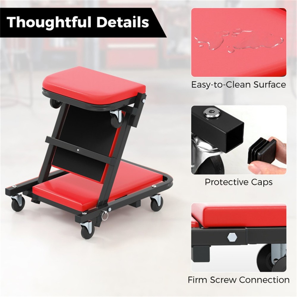 Rolling Foldable Mechanic Stool 6 Wheels Padded Seat 2-in-1 Garage Workshop