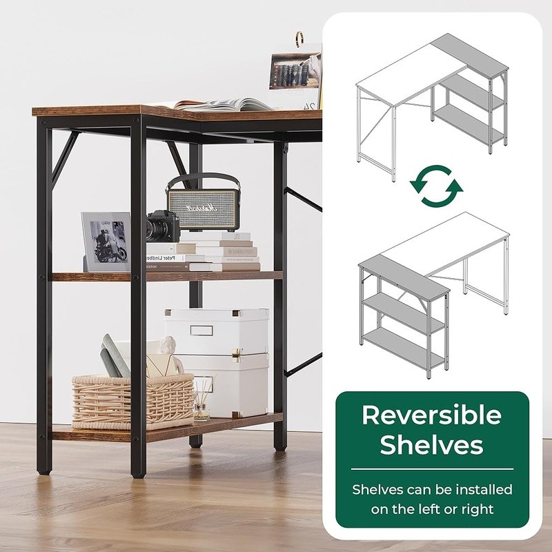 Reversible L Shaped Computer Desk W/ Adjustable Feet & Storage Shelves New