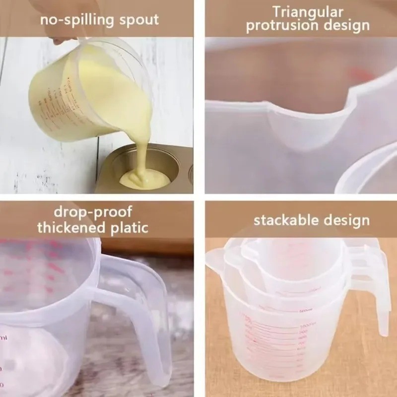 3pcs Plastic Measuring Cups Set 250/500/1000ml Liquid Beaker Kitchen Baking