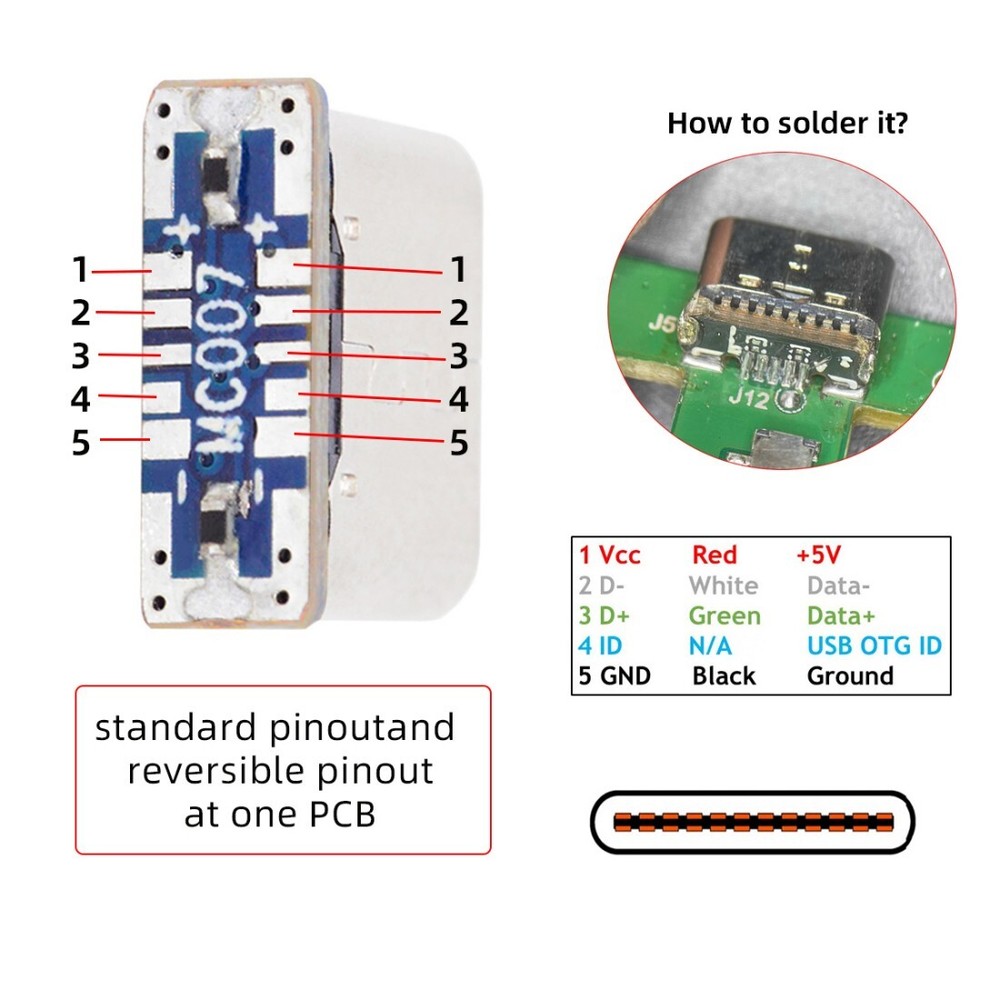 5 Pack Micro USB 5Pin to USB C Socket Port Repair Replacement Solder Adapter