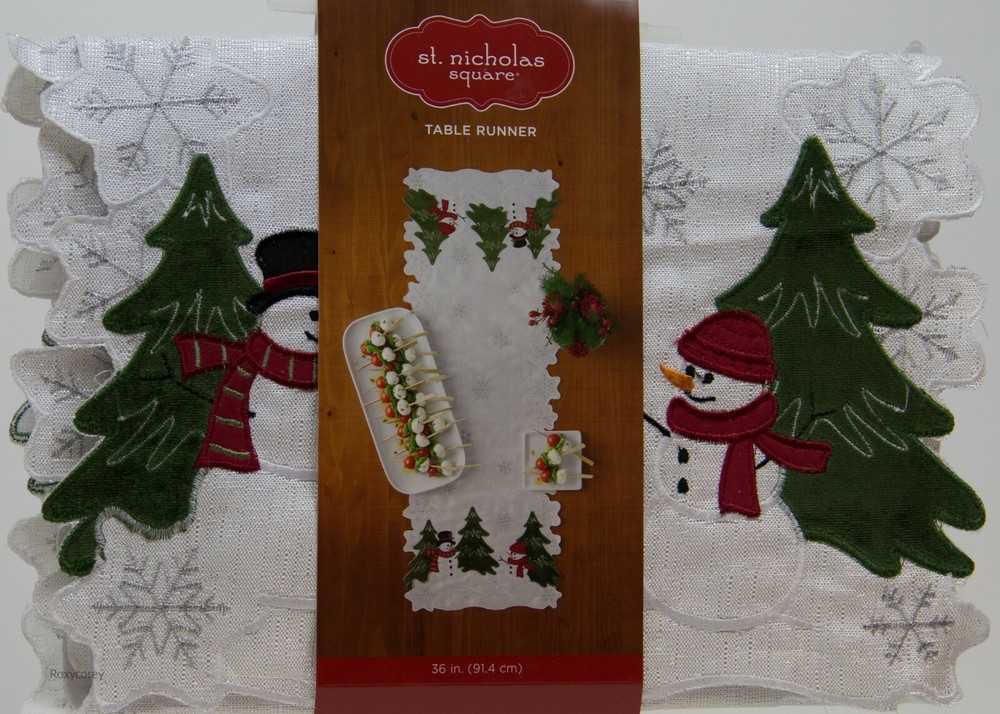 Christmas St Nicholas Square Snowman & Tree Scene Table Runner 36x13 NWT