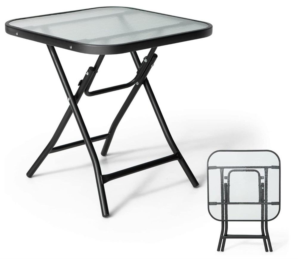 Folding Side Table, Square Small Patio Table,Tempered Glass Tabletop,Steel Frame
