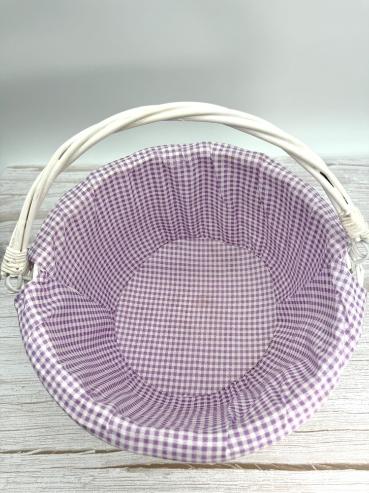 White Round Willow Woven Basket Purple Gingham Liner w/ Folding Drop-Down Handle