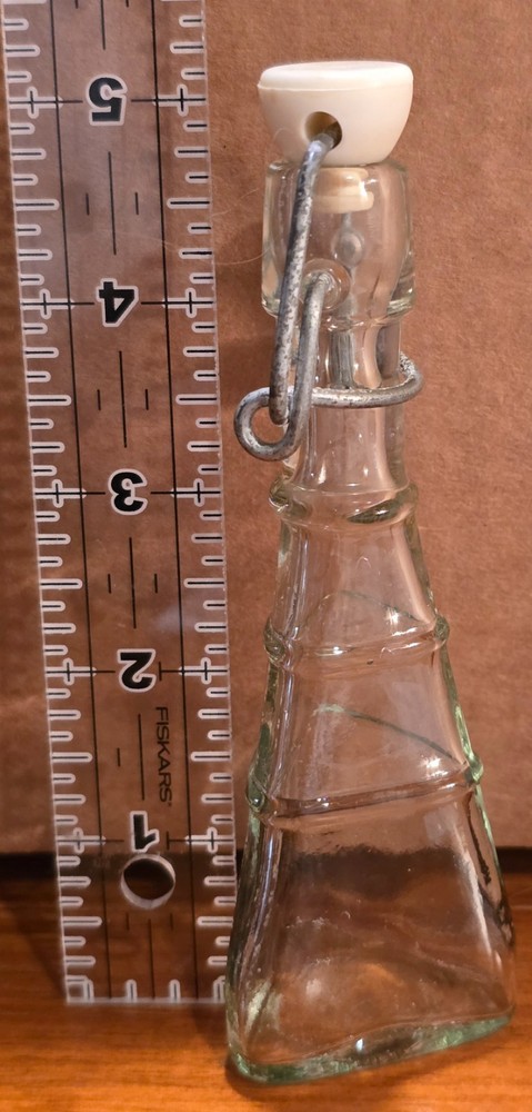Vintage unusual glass, triangular bottle w/bail & stopper closure