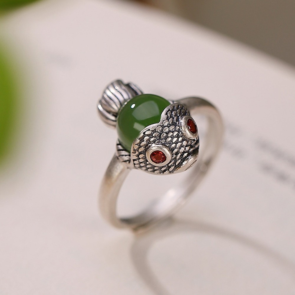Silver Natural Nephrite Jade Jasper Luck Zircon Fish Ring