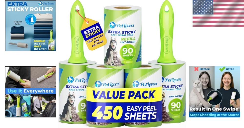 Manual Lint Rollers 5 Pack - Extra Sticky Sheets for Pet Owners, 450 Total
