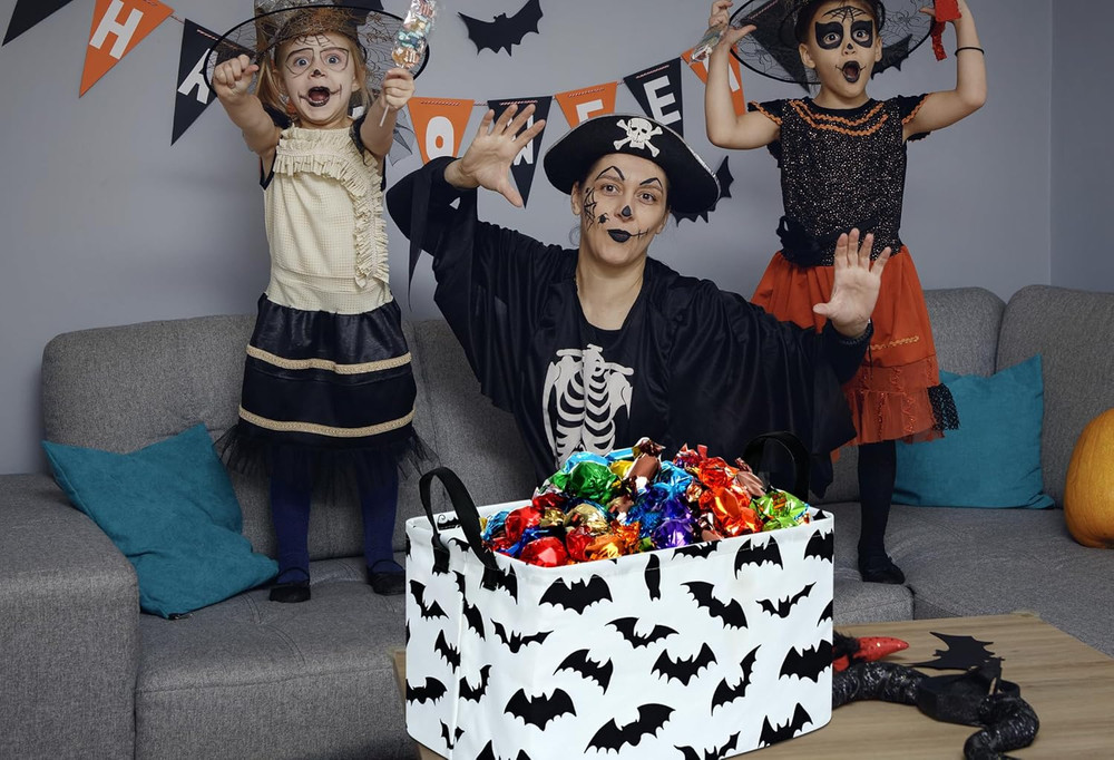 Bat Pattern Halloween Storage Gift Basket Canvas Bins With