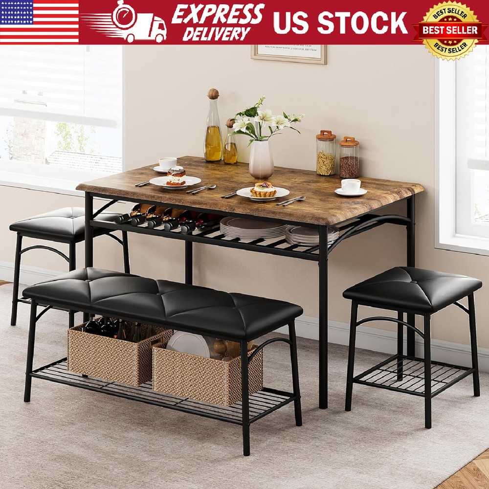 Dining Table Set for 4 Wooden Kitchen Table Set Storage with Bench, Stools Home