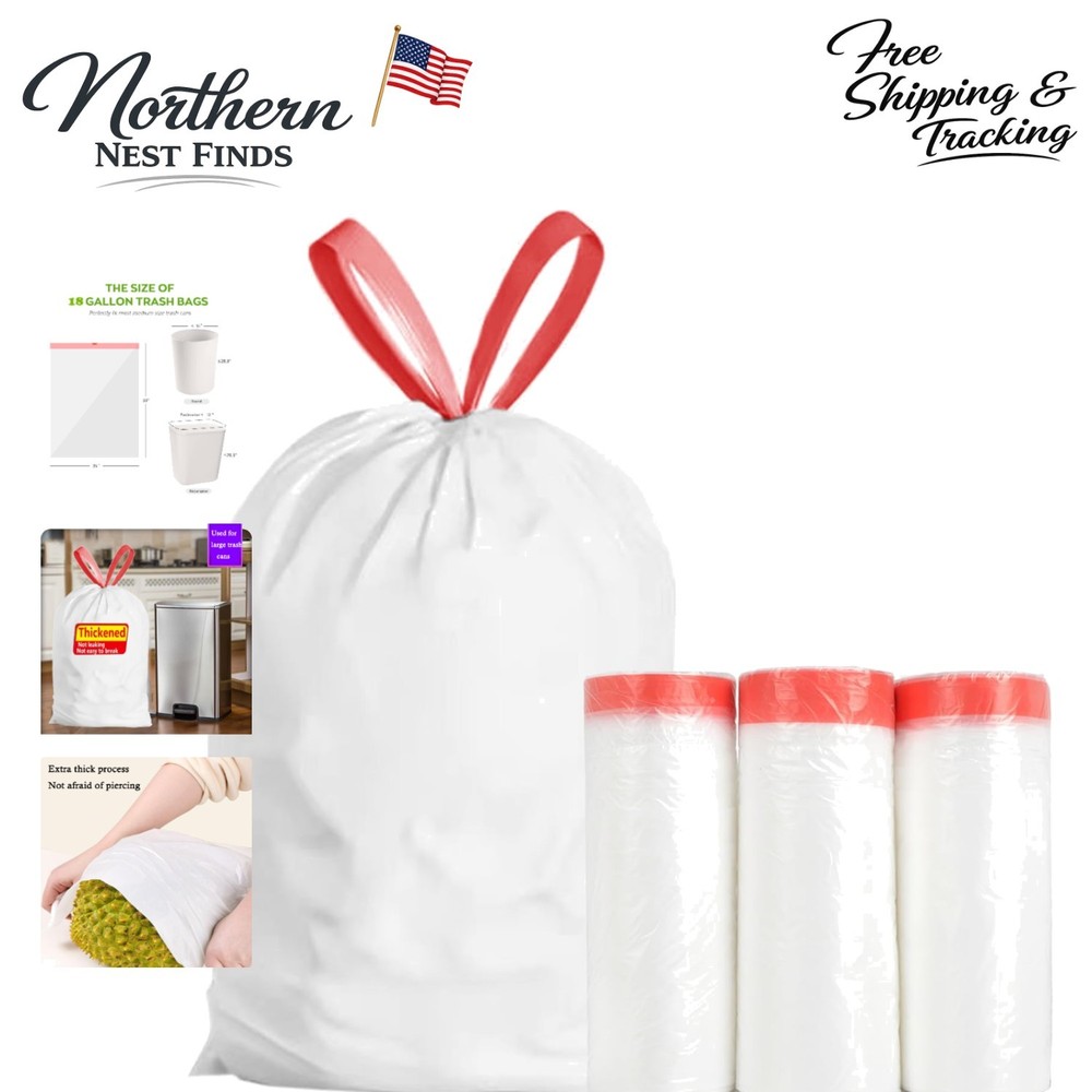 Pack of 60 White Leak Proof 18 Gallon Drawstring Garbage Bags for All Uses