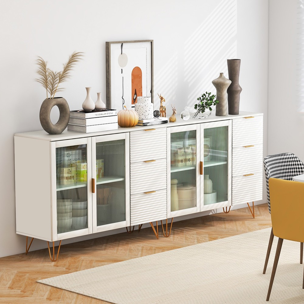 Buffet Server Sideboard w/ 2 Tempered Glass Doors & 3 Drawers for Kitchen White