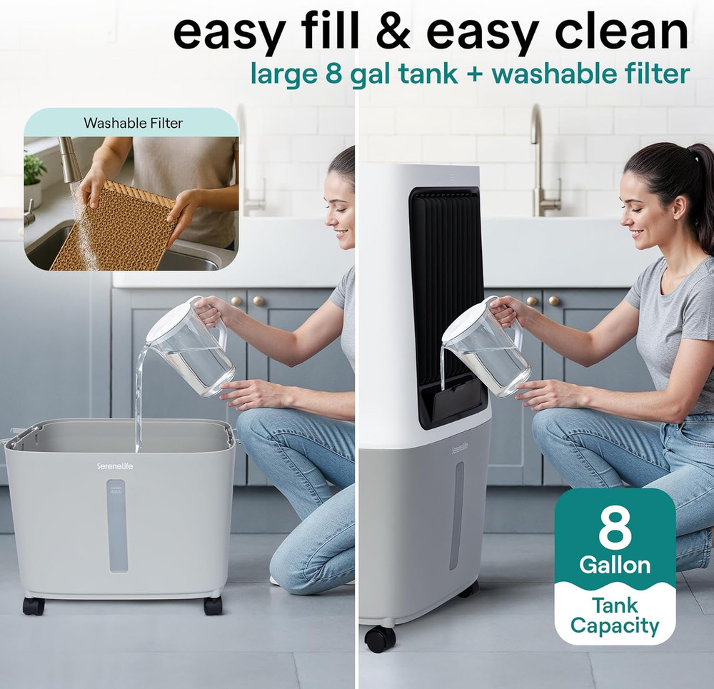 Portable Swamp Cooler Air Conditioner - 2500 CFM Airflow, 8 Gallon Water Tank Po