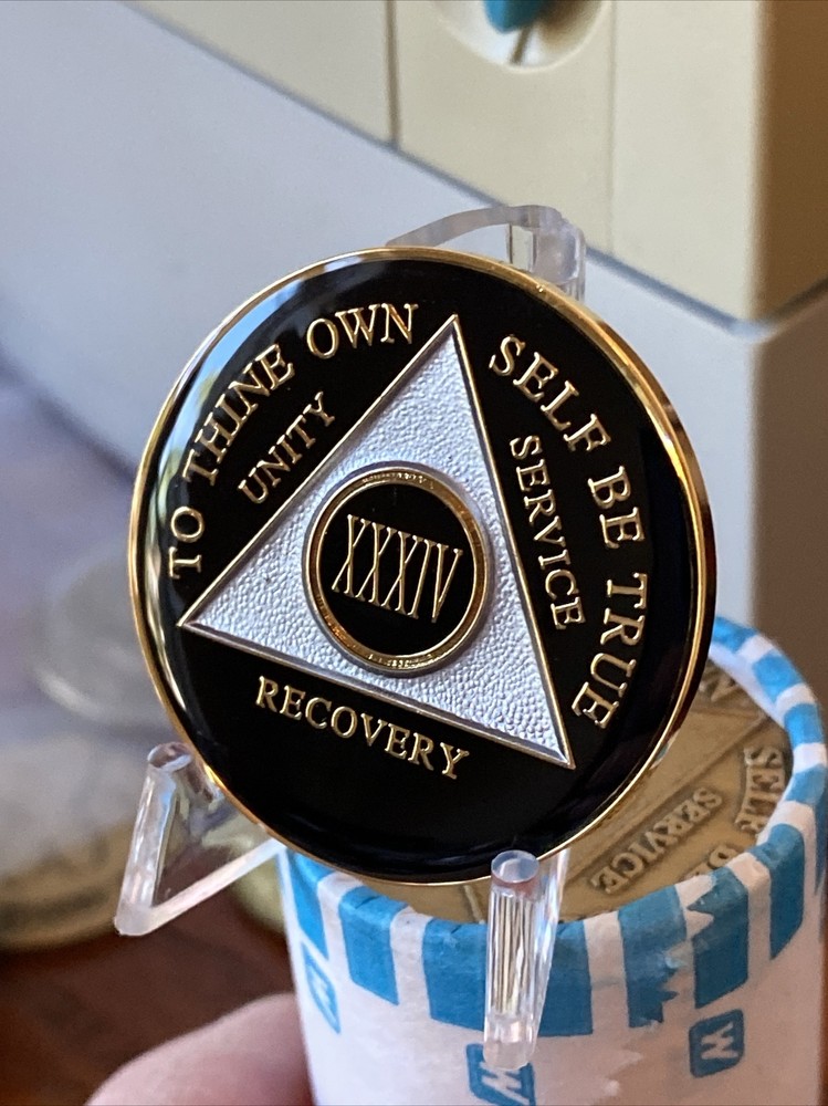 34 Year AA Medallion Black Tri-plate Sobriety Chip
