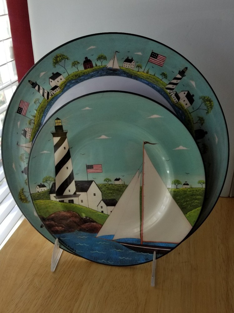2pc SAKURA Evolution COASTAL BREEZE Lighthouses Sail Boat Melmac Dinner + Salad