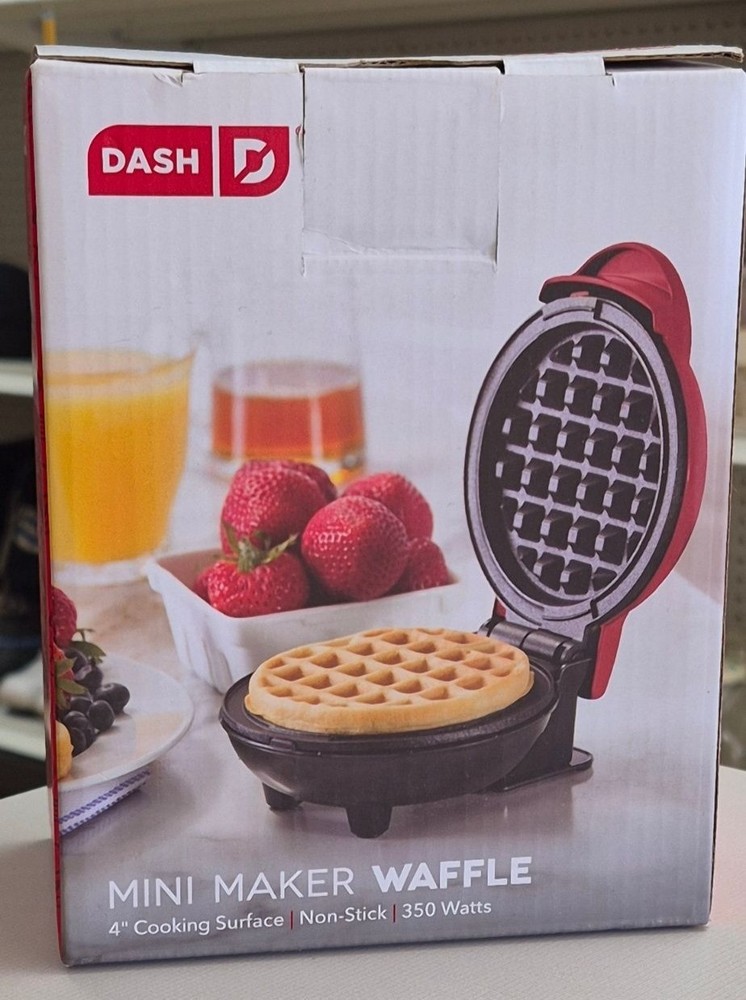 Dash Mini Maker Waffle Iron 4" Non-Stick Cooking Surface Red Compact Design