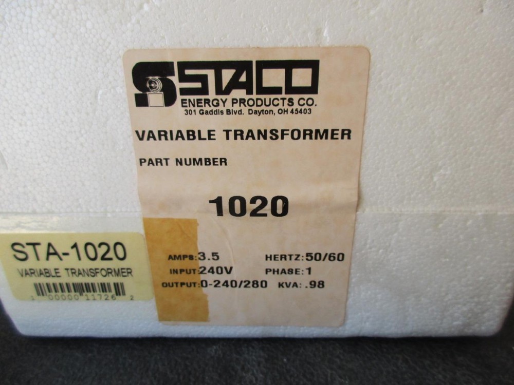 1020 STACO Variable Transformer Single Phase Input 240V 280V Output 3.5 Amp NOS